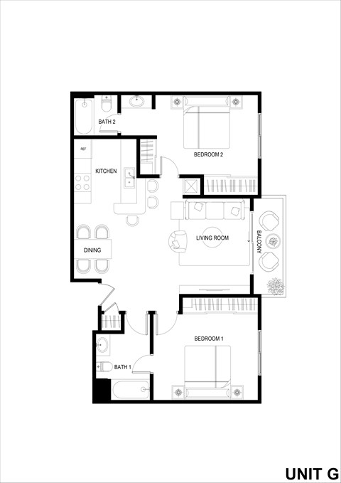 Floor plan for 2 beds, 2 baths, 907 sqft